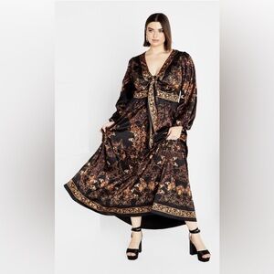 🎀 NEW CITY CHIC Ivanna Print V neck satin  Maxi Dress - gold 14 xs